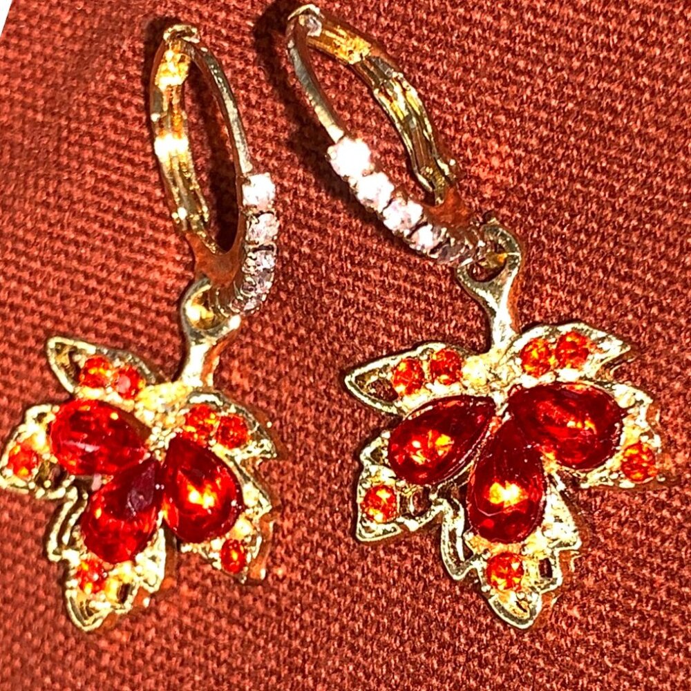 Autumn Leaves Small Earrings Gold Tone and Red